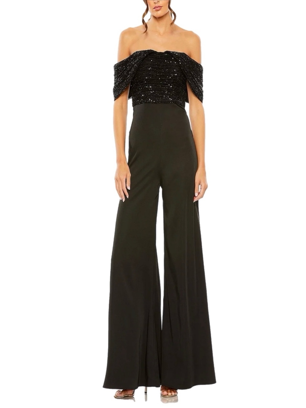 NWT Mac Duggal $398 MSRP Solid Black Sequin Off-Shoulder Wide Leg Jumpsuit 6
